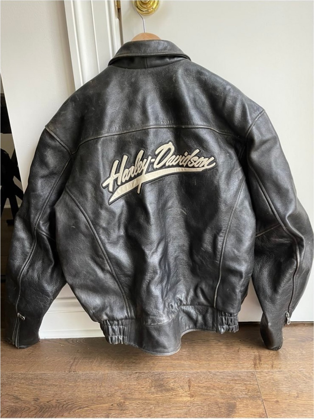 Harley-Davidson Black Leather Bomber with Cream Script Back Logo